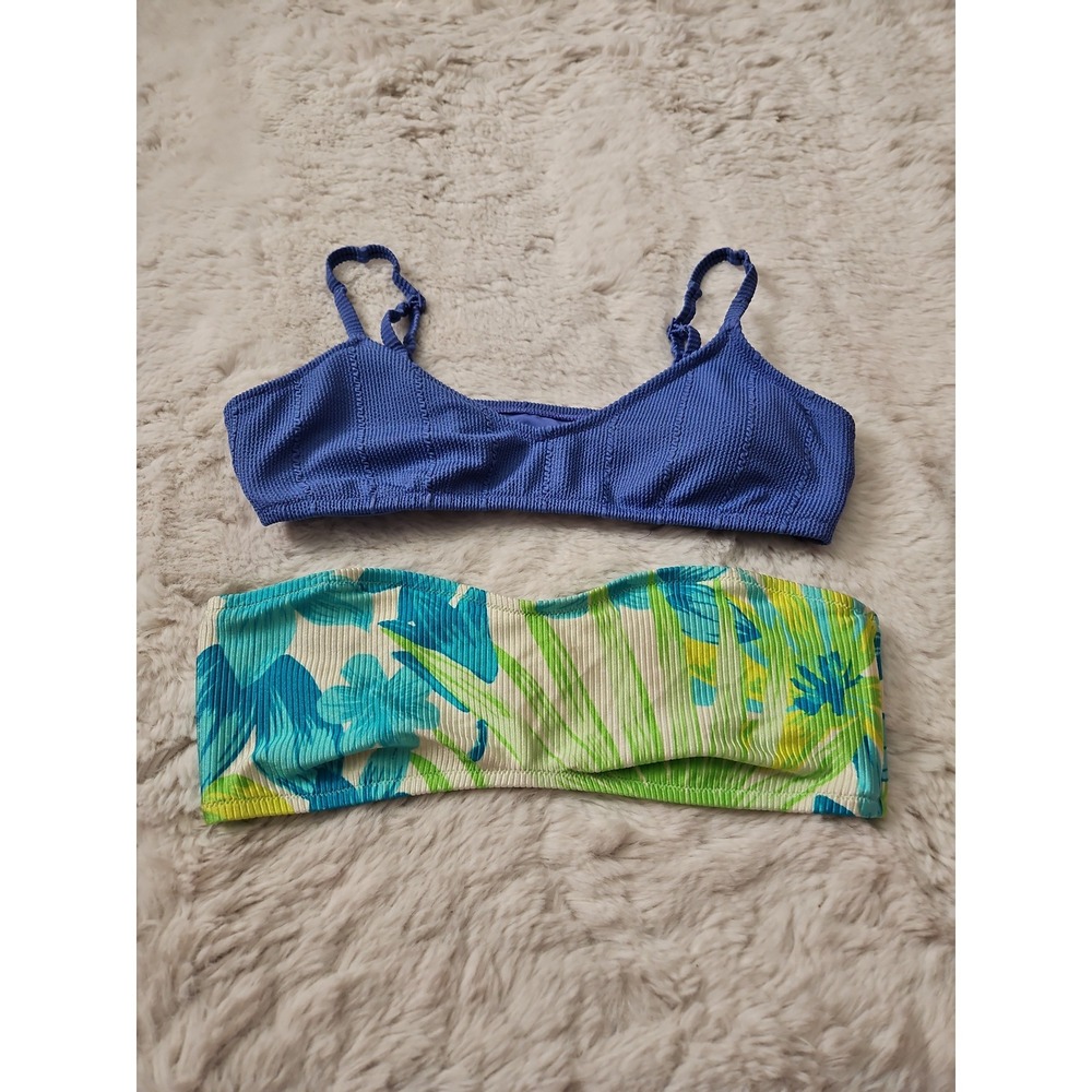 Aerie Bikini Tops Bundle Lot Large Blue Scoop Neck Floral Bandeau Ribbed Swim‎